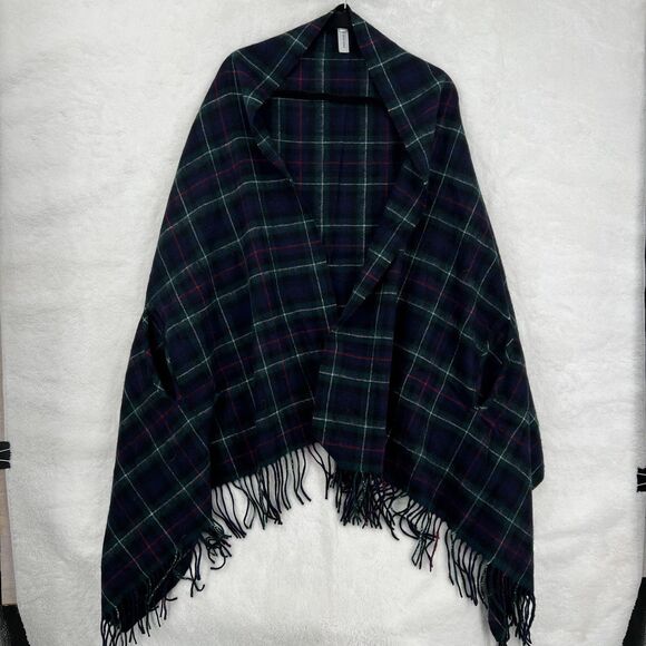 J.CREW Jackets & Blazers - J Crew Plaid Wrap Womens One Size Navy Green Wool Blend Fringe Shawl Poncho